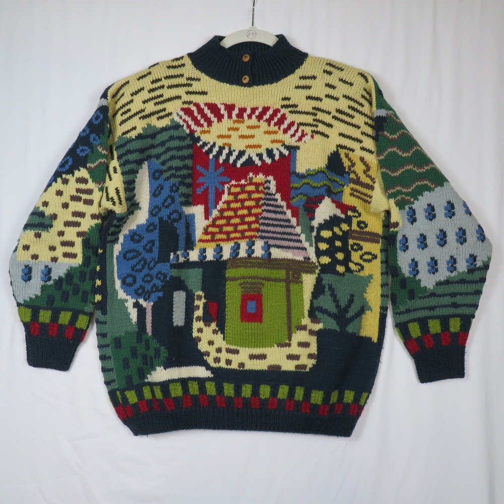 Roberta‎ Frost Hand Knitted 100% Wool Sweater Colorful Art to Wear Medium - Picture 2 of 13